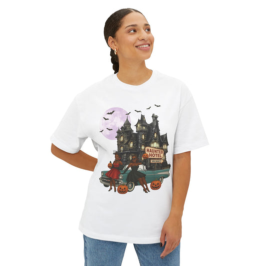 Haunted Hotel Unisex Oversized Tee, Halloween Shirt, Spooky Graphic Tee, Fall Fashion, Gift for Ghost Lovers, Casual Lounge Wear